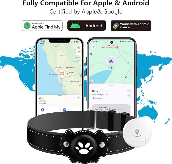 2-in-1 GPS Tracker for Cats: Smart Pet Collar with Real-Time Tracking,No Monthly Fee/Subscription (iOS & Android) Waterproof, Anti-Lost,365-Day Long Battery Life GPS Tracker Cat Collar (Black)