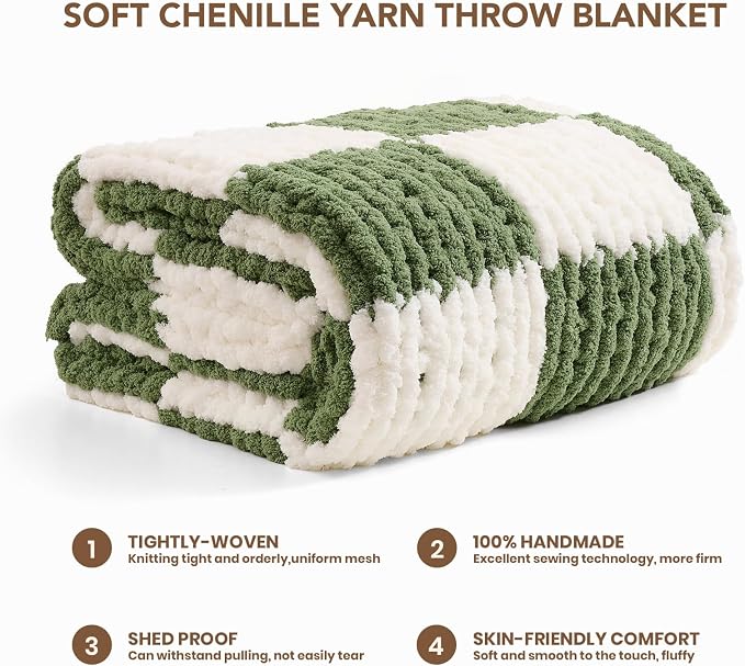 L'AGRATY Chunky Knit Throw Blanket for Couch 60 x 80 Inches Green Checkered | Handmade Chenille Crochet Blanket for Sofa Bed, Thick Cable Knitted Blankets for Room Home Decor, Birthday Gift for Women Mom