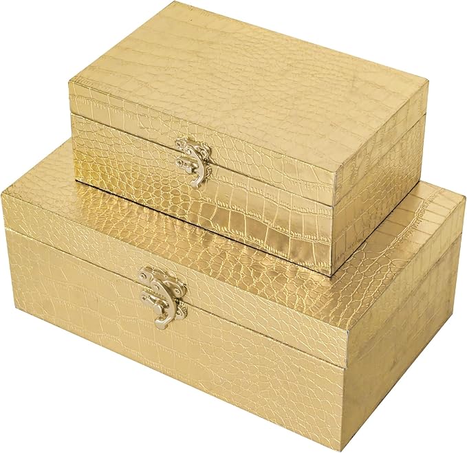 Set of 2 Wooden Decorative Nesting Storage Boxes, Gold Crocodile Leather with Clasp for Home Kitchen Living Room, Ideal Gift for Wedding Memories Jewelry Trinket