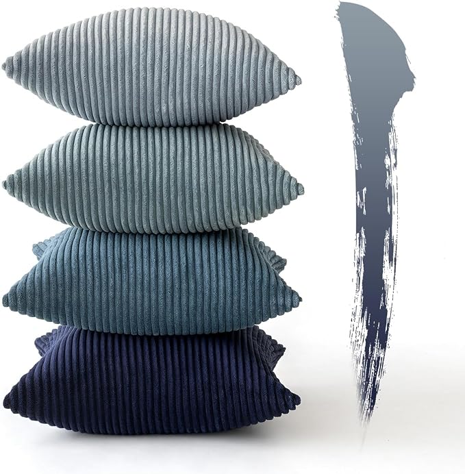 MIULEE Soft Corduroy Decorative Throw Pillow Covers Blue Navy Series 24x24 | Set of 4, Modern Nordic Coastal Decor, Classic Blue Palette, Boho Farmhouse Cushion Covers for Couch Bed Sofa Living Room