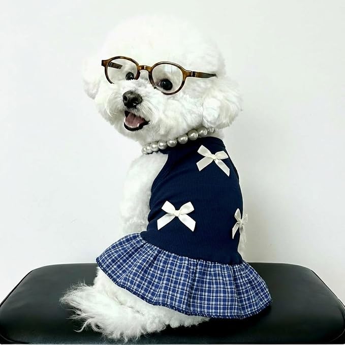Dog Dresses, Plaid Pet Dress with Glasses and Pearl Necklace, Cute Pet Clothes Outfit Breathable Puppy Skirt Costume for Small Dog Cat Girls, Parties & Photos Favorite (Navy Blue, S)
