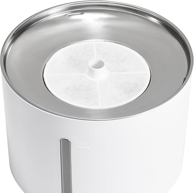 Amazon Basics Large Capacity Pet Water Fountain with Stainless Steel Top, Ultra Quiet, Easy to Clean, BPA Free, 3L, White, 3 Filters Included (Pack of 8)