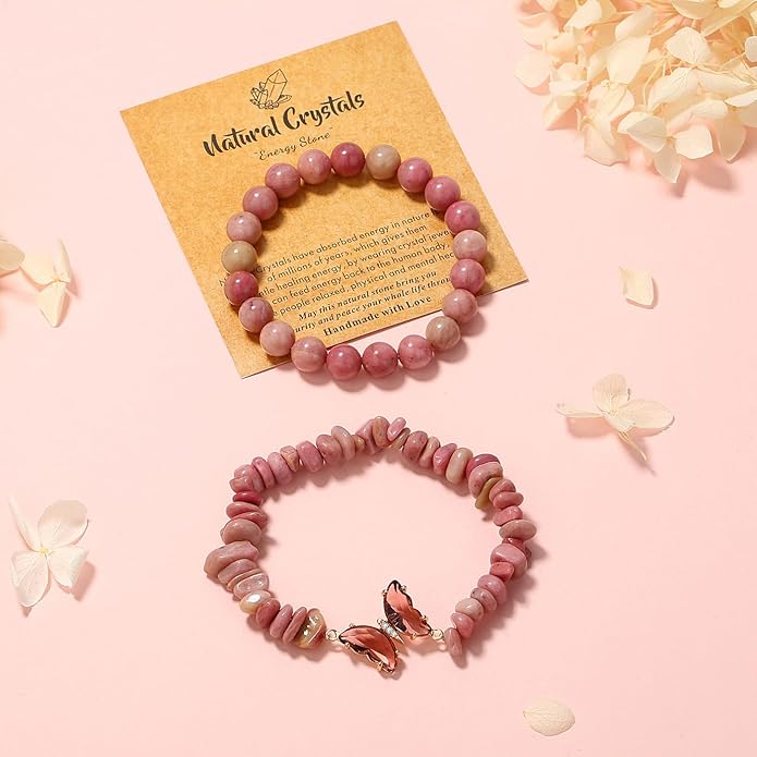 DUQGUHO 2Pcs Butterfly Bracelets for Women Healing Crystals Bracelets for Women Natural Gemstone Bead Bracelet Cute Butterfly Charm Bracelet Stretch 8mm Crystal Jewelry Gifts for Women