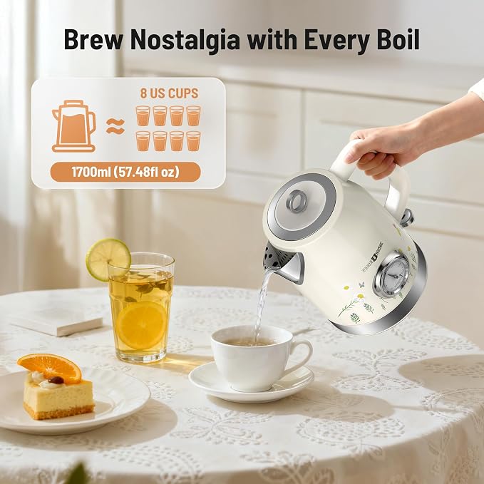 PARIS RHÔNE Retro Stainless Steel Electric Kettle, 1.7L Cordless Hot Water Tea Kettle with Thermometer, 1500W Fast Heating, LED Indicator, Auto Shut-Off & Boil Dry Protection