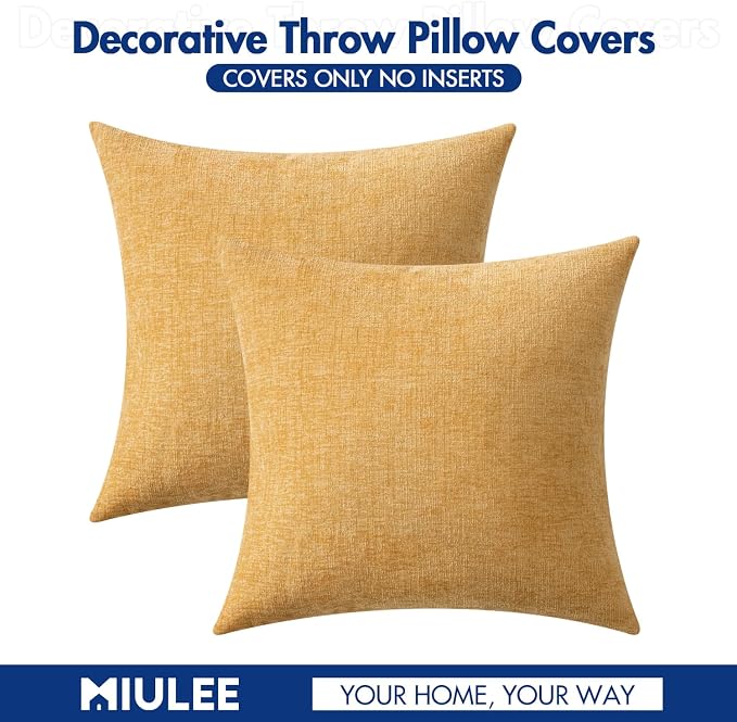 MIULEE Soft Chenille Throw Pillow Covers Beige Yellow 16x16 Inch Pack of 2 | Modern Home Decor, Classic Decorative Pillows, Solid Dyed Cases, Boho Couch Cushion Covers for Sofa Bed Living Room