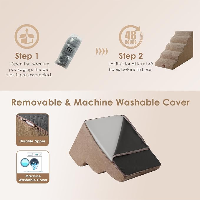 EHEYCIGA Curved Dog Stairs Ramp, 5-Step High Beds, 22.6" H Pet Step | 33D density of pure foam, for Small Dogs and Cats, Pet Stairs for High Bed Climbing, Non-Slip Balanced Indoor, Camel