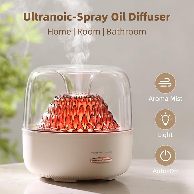Essential Oil Diffuser for Home, Aromatherapy Volcano Aroma Diffusers & Ambient Light, 200ml Ultrasonic Cool Mist Spray, Air Fragrance for Home Office, Small Room, Bedroom, Auto-Off, White
