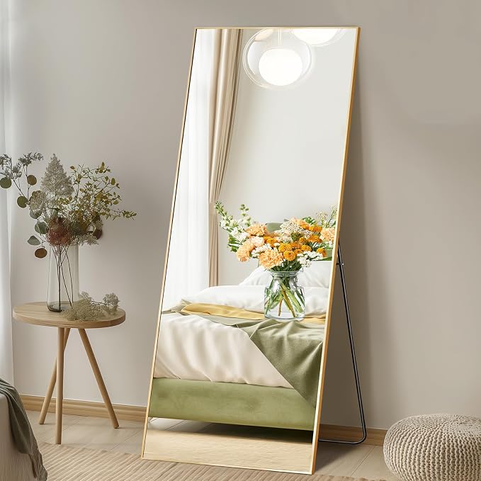 DUMOS 19"x58" Full Length Mirror with Stand, Full Body Floor Mirror | Free Standing or Wall Mount, Nano Glass Aluminum Frame, Hanging or Leaning, Modern Simple Home Decor, Gold