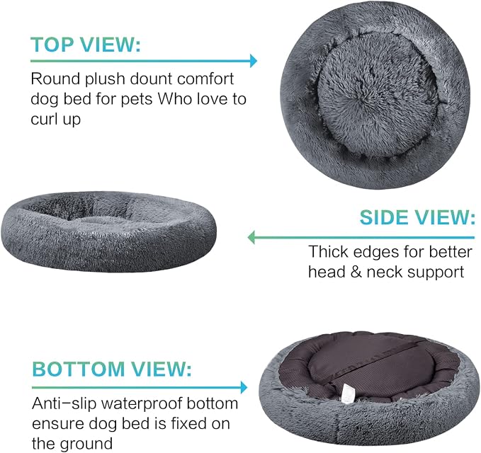 SAVFOX 54 inches Calming Donut Dog Bed - 3X Durable Plush Faux Fur, Machine Washable & Non-Slip, Fits up to 210 lbs, Removable Cover, Dark Grey