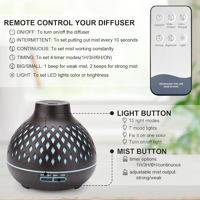 SPLITSKY 400ML Essential Oil Diffuser，Electric Remote Control Aroma Air Home Humidifier,Waterless Auto-Off,10 Hours Quiet Operation,Timer,7 LED Light Colors,for Bedroom, Home.