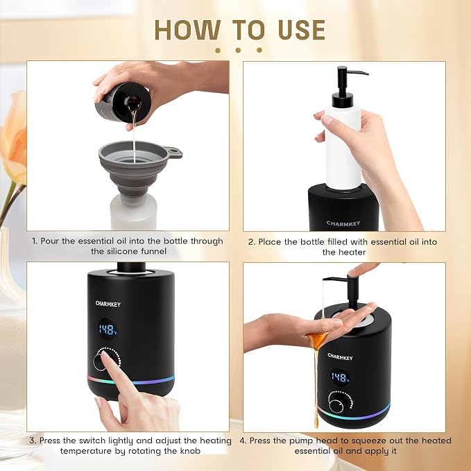 CHARMKEY Massage Oil Warmer Black, 2 Oil Bottle Dispensers & 2 Silicone Funnels, Digital Heater for SPA, Oil Lotion Cream for Salon, Barber Shops, Home, Automatic Lotion Warmer
