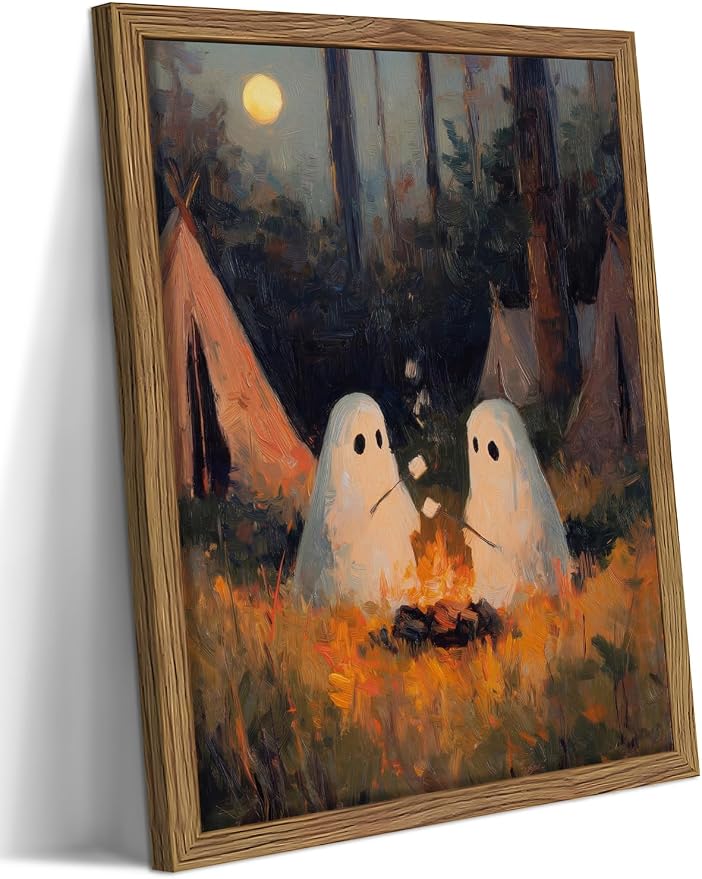 Framed Vintage Halloween Wall Art, Camping Ghosts Cozy Fireplace Canvas Prints, Gothic Whimsigoth Decor Cute Spooky Poster, Farmhouse Halloween Wall Decor, Ready to Hang 12x16in Wood Frame