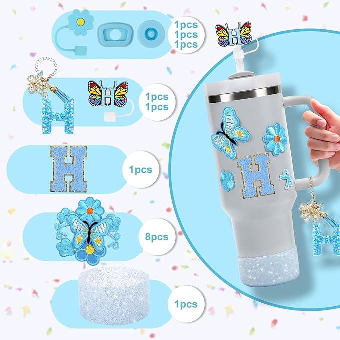 15PCS Cup Accessories Set for Stanley Cup 30oz 40oz Tumbler with Handle, Including Silicone Straw Cover and Boot, Spill Proof Stopper, Stanley Charms, Handle Charm, Initials Sticker