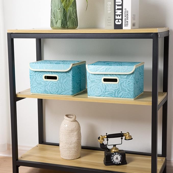 Collapsible Storage Boxes with Lids Fabric Decorative Storage Bins Cubes Organizer Containers Baskets with Cover Handles Divider for Bedroom Closet Living Room 9.8x7.9x6.7 Inch 3 Pack