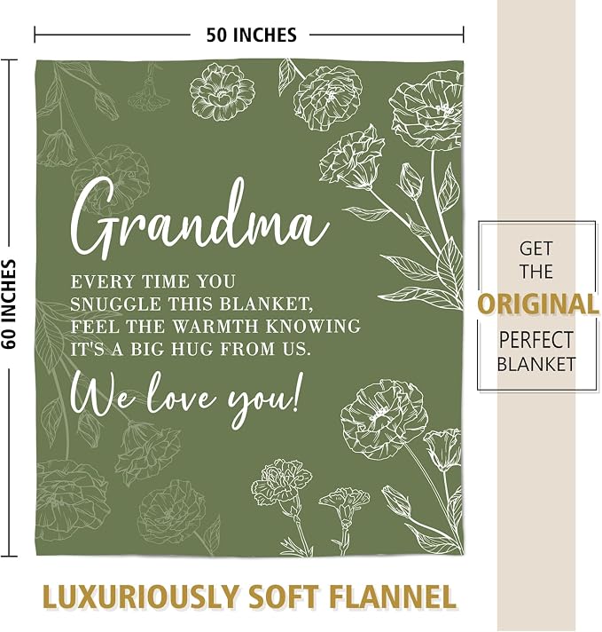 GiltGlimmer Grandma Gifts, Grandma Floral Blanket 50" x 60", Grass Green | Birthday Gifts for Grandma from Grandkids, to My Grandmother Soft Flannel Throw Blanket for Christmas Mothers Day