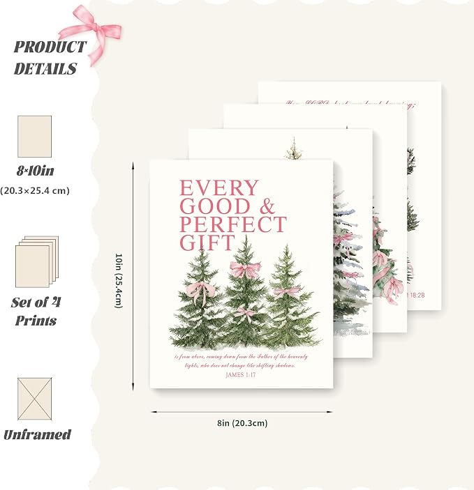 LARTSFRO Coquette Pink Bow Christmas Tree Gifts Wall Art Decor Posters, Pink Bow Christmas Christian Room Bathroom Bedroom Dorm Wall Art Decor Aesthetic for College Teen Girls Gifts, Inspirational Bible Verses Bow Wall Decor, 10x8 Inch Set of 4 Pcs Chr...