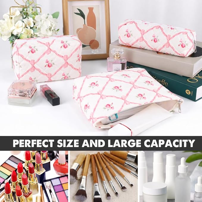 3 Pcs Makeup Bag Cosmetic Bag Set for Girls Women Travel Organizer Bathroom Toiletry Pouch Large Capacity Storage Bag（Pink Ribbon）
