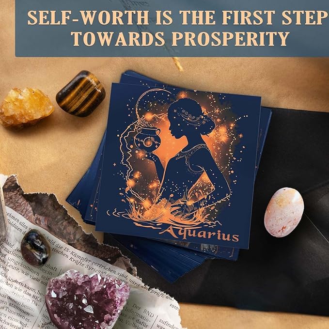 Faivykyd Aquarius Crystals Gift for Women - 6 Aquarius Zodiac Stones w/ 50 Miracle Mantras Affirmation Cards, Healing Astrology Gifts for Promoting Positive Energy, Self-Care & Love