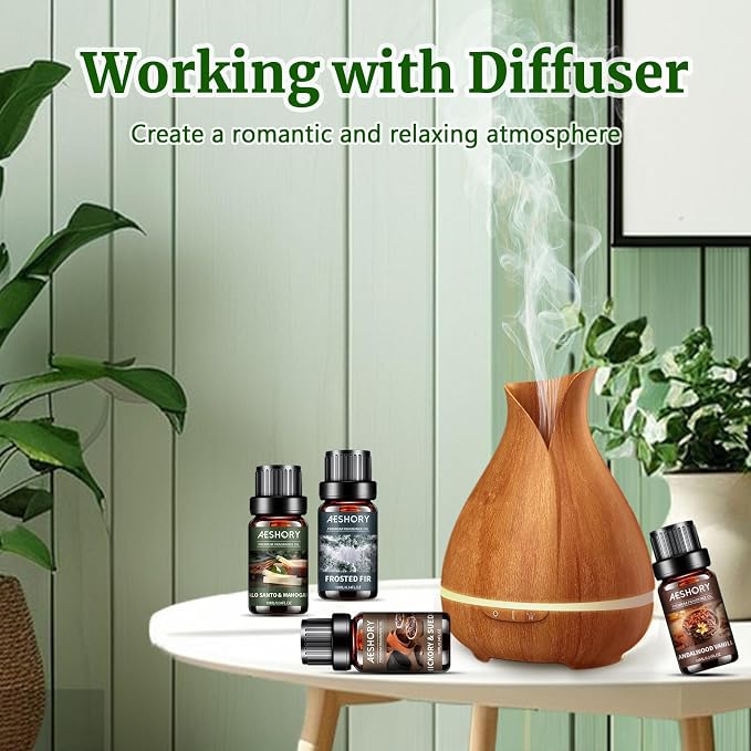 Wood Essential Oils Set, Woody Scent Fragrance Oil Kit, Aromatherapy Oils for Diffusers (6 * 10ML), Sandalwood &Vanilla, Forested Fir,Palo Santo&Mahogany,Cedar & Amber, Oud &Balsam,Hickory&Suede