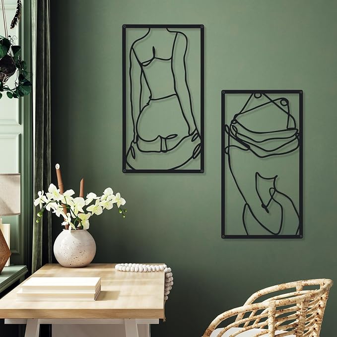 Cindeer 4 Pcs Metal Wall Art Decor Minimalist Abstract Woman Wall Art Line Drawing metal line art Home Hanging Art Decor for Bedroom Kitchen Bathroom Living Room(Classic,Black)