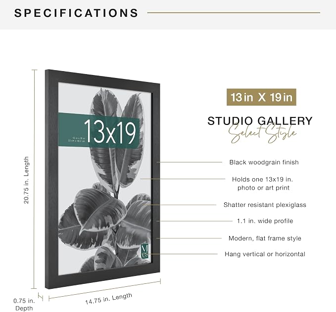 MCS Studio Gallery 13x19 Picture Frame Black Woodgrain Engineered Wood, Rectangle Photo Frame for Photos, Posters & Art Prints (1-Pack)