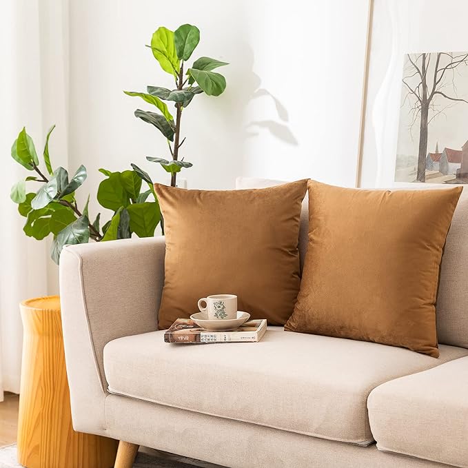 NiNi ALL Decorative Throw Pillow Covers Pack of 2, Velvet Cushion Case for Couch Bedroom Living Room Outdoor, Pillow Covers 20x20 Inch（50 x 50 cm） Brown | Soft Solid Boho Cushion Squar Pillow Cases for Chair Sofa Bedroom Farmhouse Living room Modern Lu...