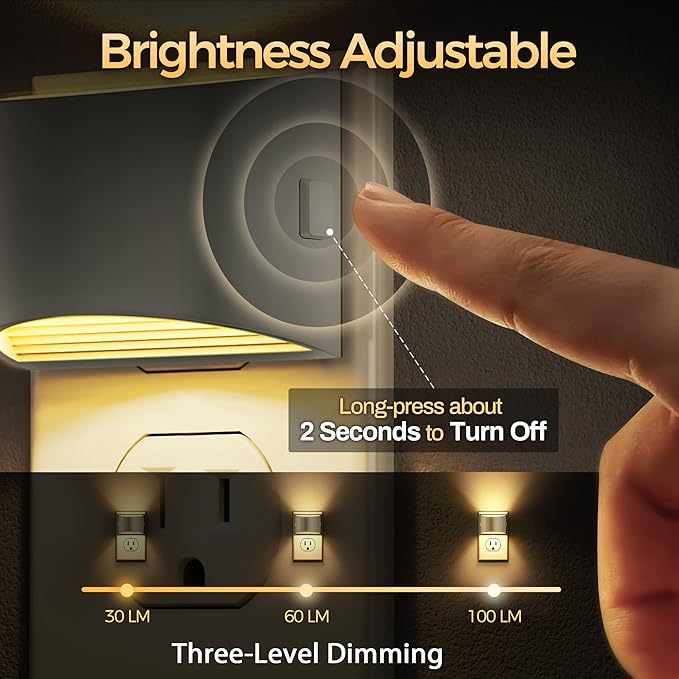 Night Light, Night Lights Plug into Wall, Adjustable, 3000K | 3 Level Brightness Adjustable Night Light, Dusk to Dawn Sensor Nightlights for Adults, Bedroom, Hallway, Gray Cover, 4 packs