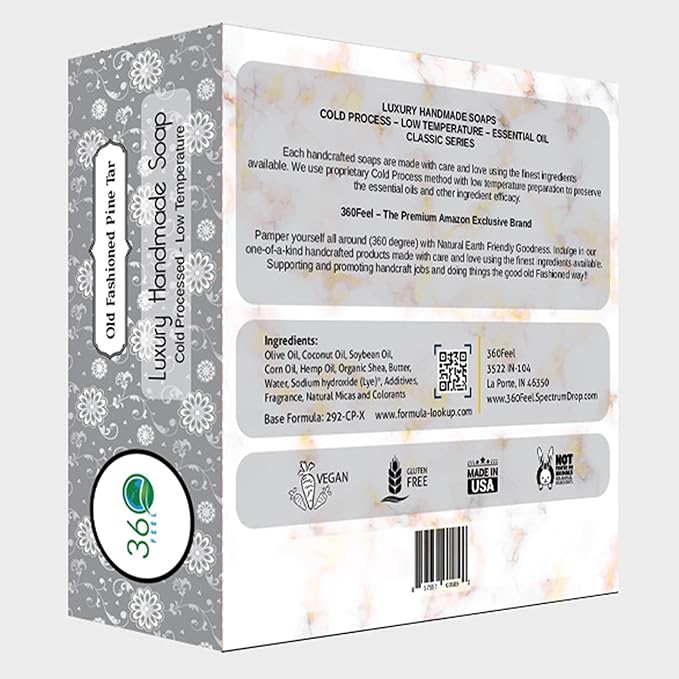 360 Feel Pine Tar Bar Soap - Made in the USA - Castile Handmade, All-Natural, Cold-Processed - Infused with Artisanal Scent for Relaxation & Calm - Rich, Creamy Lather - (5oz, 4-Pack)