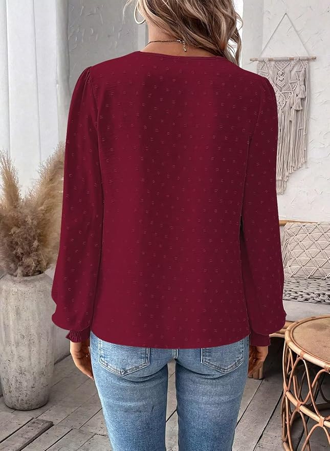 Womens Tops Swiss Dot Boho Long Sleeve Shirts V Neck Casual Chiffon Blouses Flowy Lace Hem Cute Clothing Trendy 2026