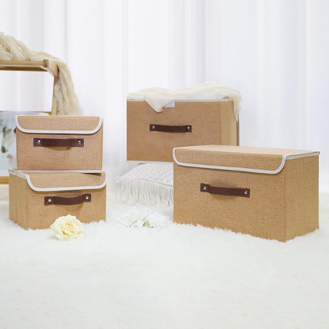 ANMINY Fabric Storage Box Bins with Lids, Khaki, 13"x9"x7.9", 4 Pack | Keepsake Memory Storage, Cotton Linen, PP Board Reinforced, Washable, PU Handles, Foldable & Stackable, Decorative, Medium