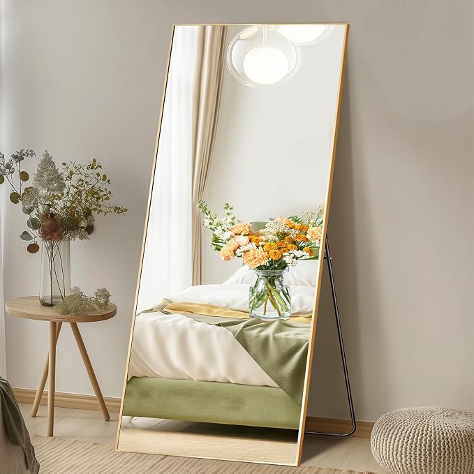 DUMOS 24"x65" Full Length Mirror with Stand, Full Body Floor Mirror | Free Standing or Wall Mount, Nano Glass Aluminum Frame, Hanging or Leaning, Modern Simple Home Decor, Gold