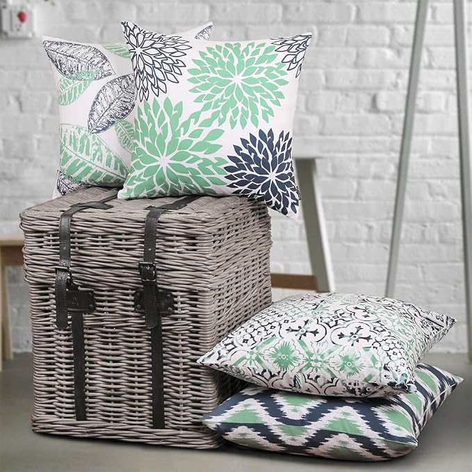 Phantoscope Set of 4 New Living Series Cyan Blue Throw Decorative Pillow Cover Cushion Cover Geometric-Pattern 18 x 18 inches 45 x 45 cm
