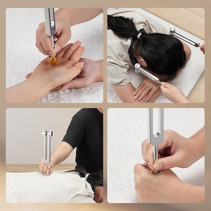 Tuning Forks for Healing Set (128Hz, 256Hz, 512Hz), with Percussion Hammer Mallet, Crystal Base & Storage Pouch, Sound Therapy Instrument for Chakra/Yoga/Meditation