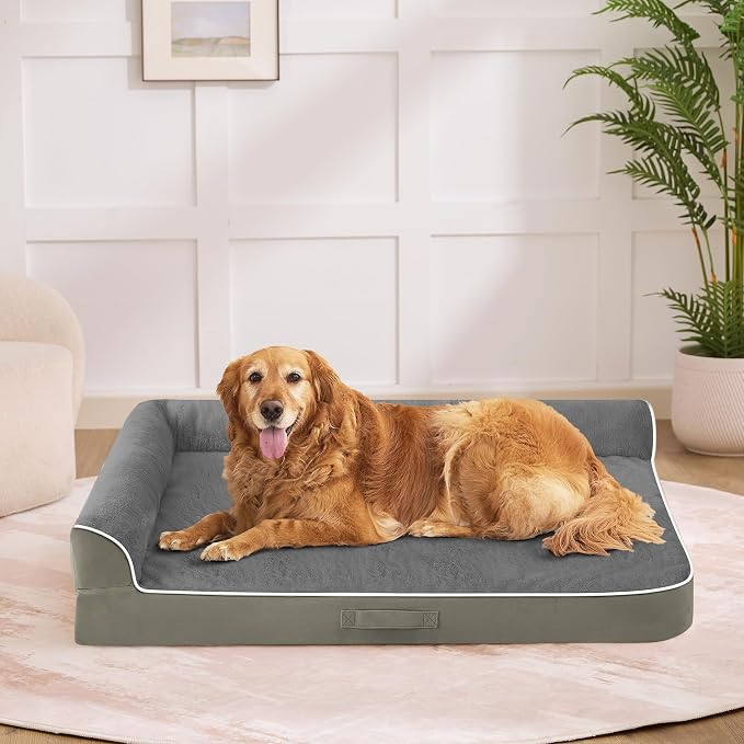 XXL Orthopedic Dog Bed, Extra Large Dogs, 48"x35", Olive Green | Waterproof, Washable Cover, L-Shaped Pet Couch, Egg-Crate Foam for Pressure Relief, Portable Handle