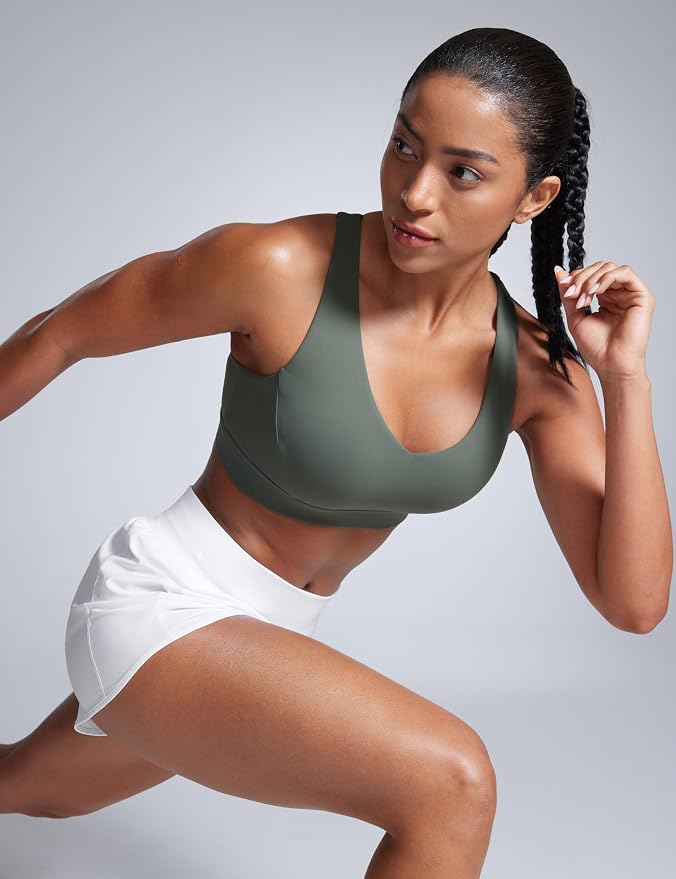 CRZ YOGA Butterbreeze Criss Cross Back Sports Bras for Women - V Neck Adjustable Straps Padded Workout Training Crop Top