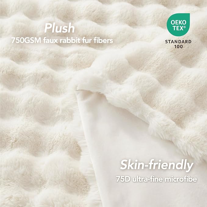 L'AGRATY Faux Rabbit Fur Throw Blanket for Couch, 90'' x 90'', Cream White | Soft Cozy Bubble Fluffy Blanket for Sofa Bed, Thick Warm Plush Fuzzy Throw for Room Home Decor, Luxury Gift for Women Mom