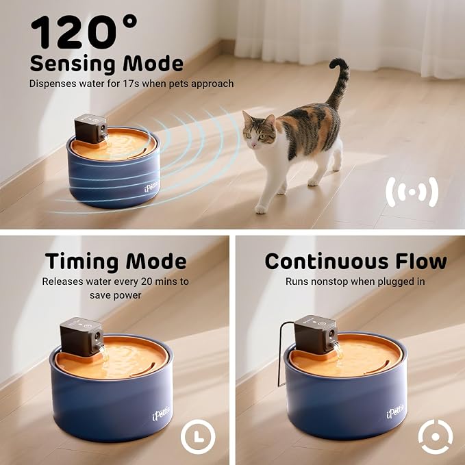 iPettie Ceramic Cat Water Fountain, 3.5L/118oz, Cordless & 3 Water Modes | Rechargeable 3000mAh Battery, BPA-Free Ceramic & ABS, Auto Low Water & Battery Alerts, Ultra-Quiet Pet Water Dispenser