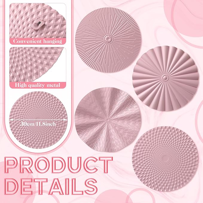 Hicarer 4 Pcs 12 Inch Pink Metal Wall Art Decor Modern Sunburst Hanging Artwork Decor Wall Decorations for Home Bedroom Bathroom Living Room Office Sculpture
