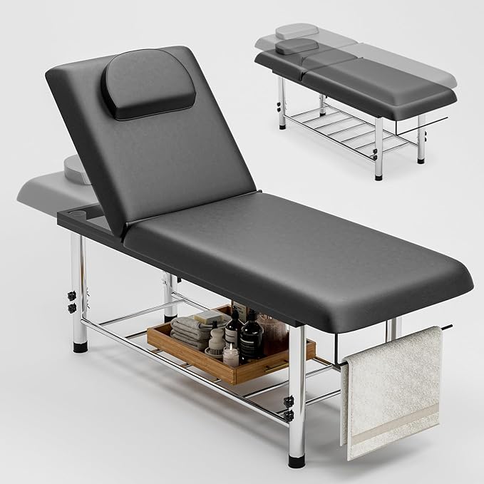 SyyBhb Professional Stationary Massage Table Height Adjustable, 550lbs Heavy Duty Wide Exam Bed for Treatment Physical Therapy, Black