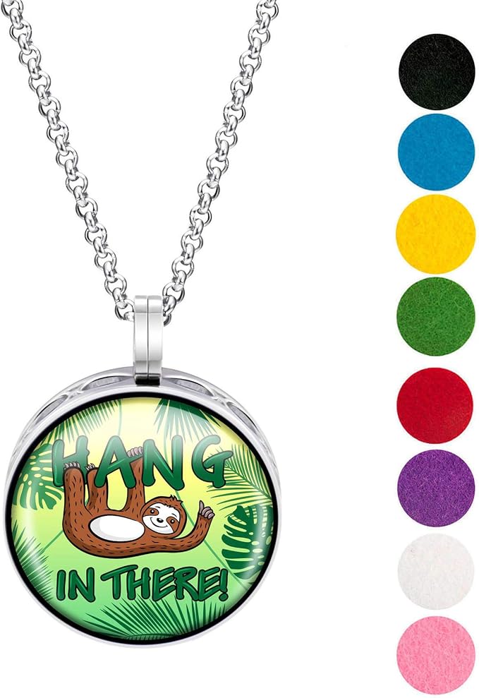 Wild Essentials Hang in There Sloth Necklace Essential Oil Diffuser Kit with Lavender, Lemongrass, Peppermint, Orange Oils, 8 Refill Pads, Calming Aromatherapy Gift Set, Customizable, Perfume