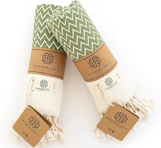 Madamelique Exclusive Hand Towels Set of 2-18 x 40 Inches - Decorative Bathroom Peshtemal Towel for Hand, Face, Hair, Yoga, Tea, Dishcloth, Kitchen and Bath - 100% Pure Cotton (Olive)