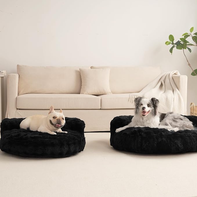 EHEYCIGA Soft Cat Couch Bed for Indoor Cats, Fluffy Small Dog Bed with Removable Washable Cover, Bolster Pet Sofa, Waterproof and Non-Slip, 24" x 24"x 7", Black