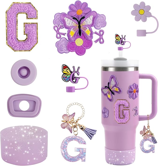15PCS Cup Accessories Set for Stanley Cup 30oz 40oz Tumbler with Handle, Including Silicone Straw Cover and Boot, Spill Proof Stopper, Stanley Charms, Handle Charm, Initials Sticker