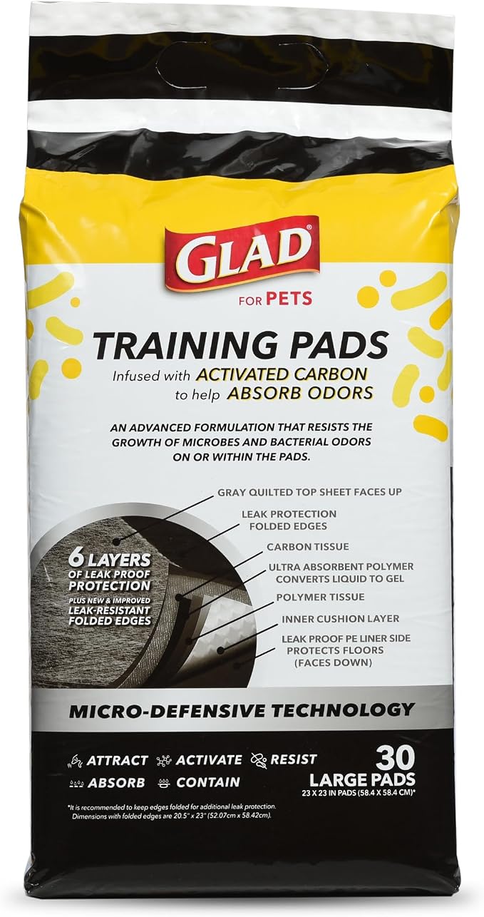 Glad for Pets Activated Carbon Training Pads, Anti-Microbial, 30 Ct, 6-Pk | 6-layer, leak-proof pads with odor control technology, 23 x 23 in coverage for indoor potty training