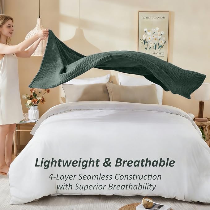 EMME Cotton Muslin King Blanket Breathable Gauze Soft Lightweight Blankets Adults Gifts for Women (Heather Forest Green, 108"x90")