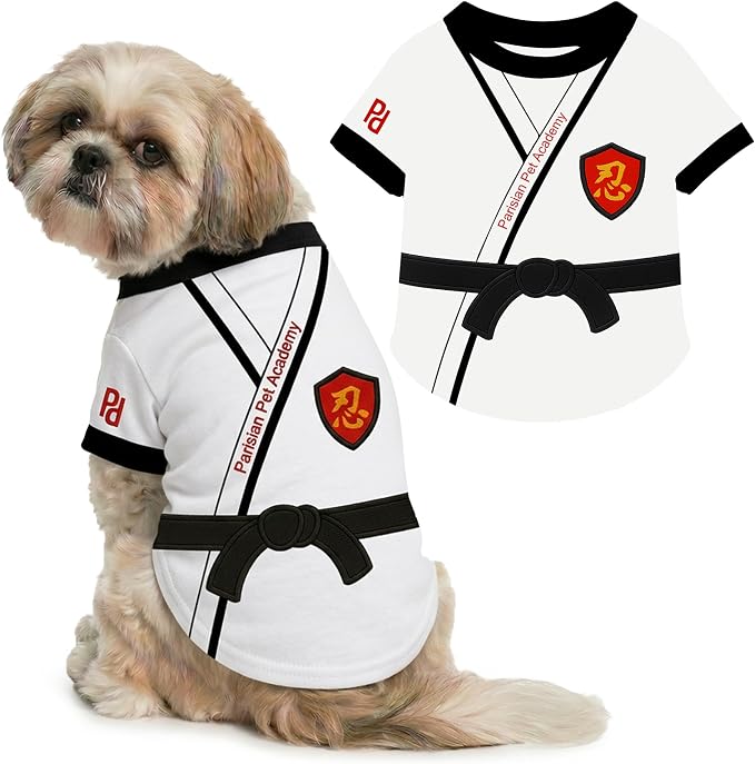 Parisian Pet Dog Karate Academy Shirt - Embroidered Pet Vest - 100% Cotton & Polyester Doggy Shirt - Lightweight Pet Clothes - Sleeved Puppy Costume - Funny Shirts for Medium Dogs - M