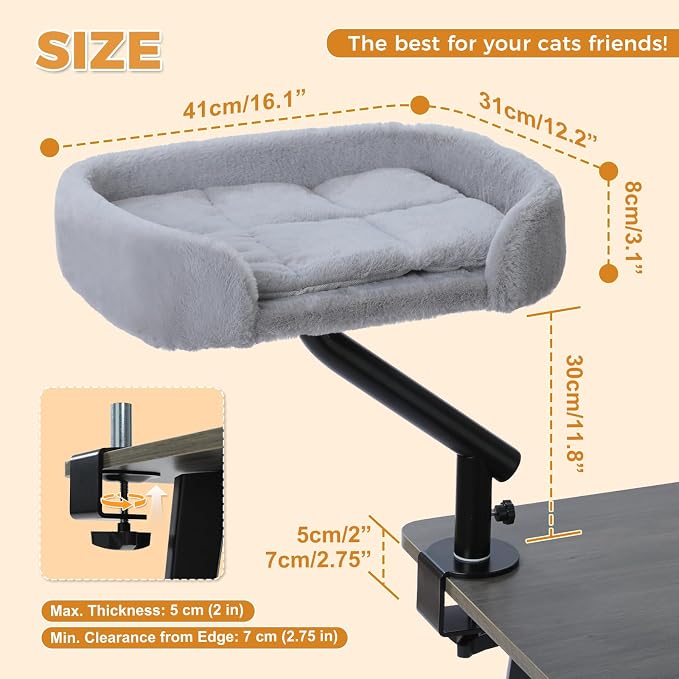 PAWZ Road Cat Desk Bed 360°Rotating Supports to 50 Lbs Cozy Nest for Desk | Elevated Desk Mount Cat Bed with Sturdy Clamp – Fits Desks & Tables, Padded Soft Nest for Cats, Holds Up to 50 lbs