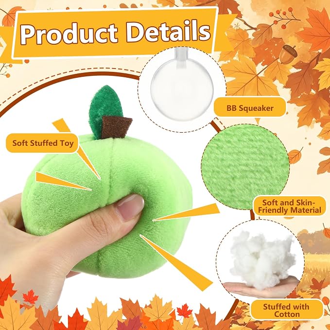 12 Pack Fall Apple Plush Stuffed Squeaky Dog Toys, 3.15 in