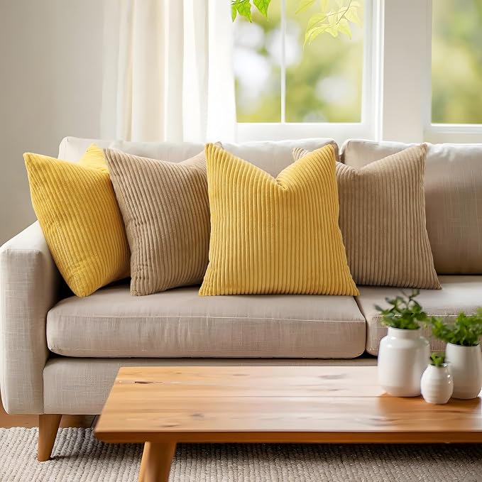 Mecatny Corduroy Fall Throw Pillow Covers 26x26 Set of 2 Mustard Yellow | Soft Striped Texture, Hidden Zipper Design, Neutral Boho Square Pillow Cases for Sofa Couch Living Room Bedroom, Home Décor