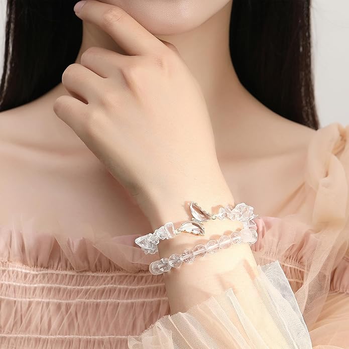 DUQGUHO 2Pcs Butterfly Bracelets for Women Healing Crystals Bracelets for Women Natural Gemstone Bead Bracelet Cute Butterfly Charm Bracelet Stretch 8mm Crystal Jewelry Gifts for Women